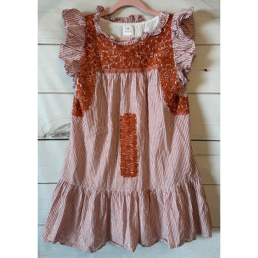 J. Marie Rust Orange White Striped Embroidered Ruffle Mini Dress JM2859 Small